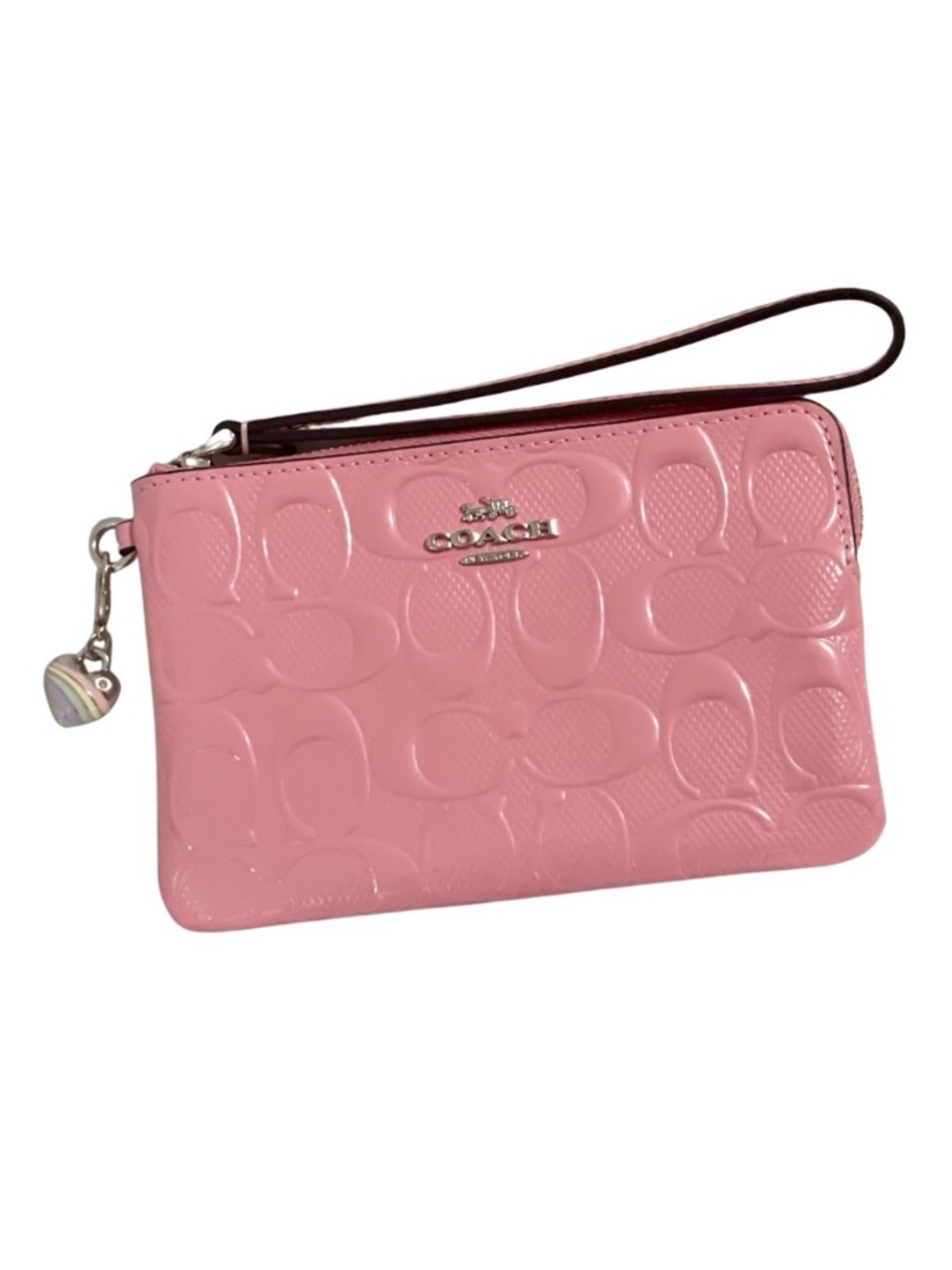 COACH Corner Zip Wristlet Signature Leather Heart Charm CDF04 Silver Pink
